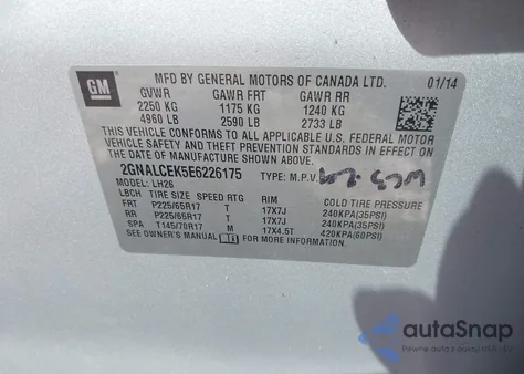 2014 Chevrolet Equinox 2Lt from USA, damaged, VIN 2GNALCEK5E6226175